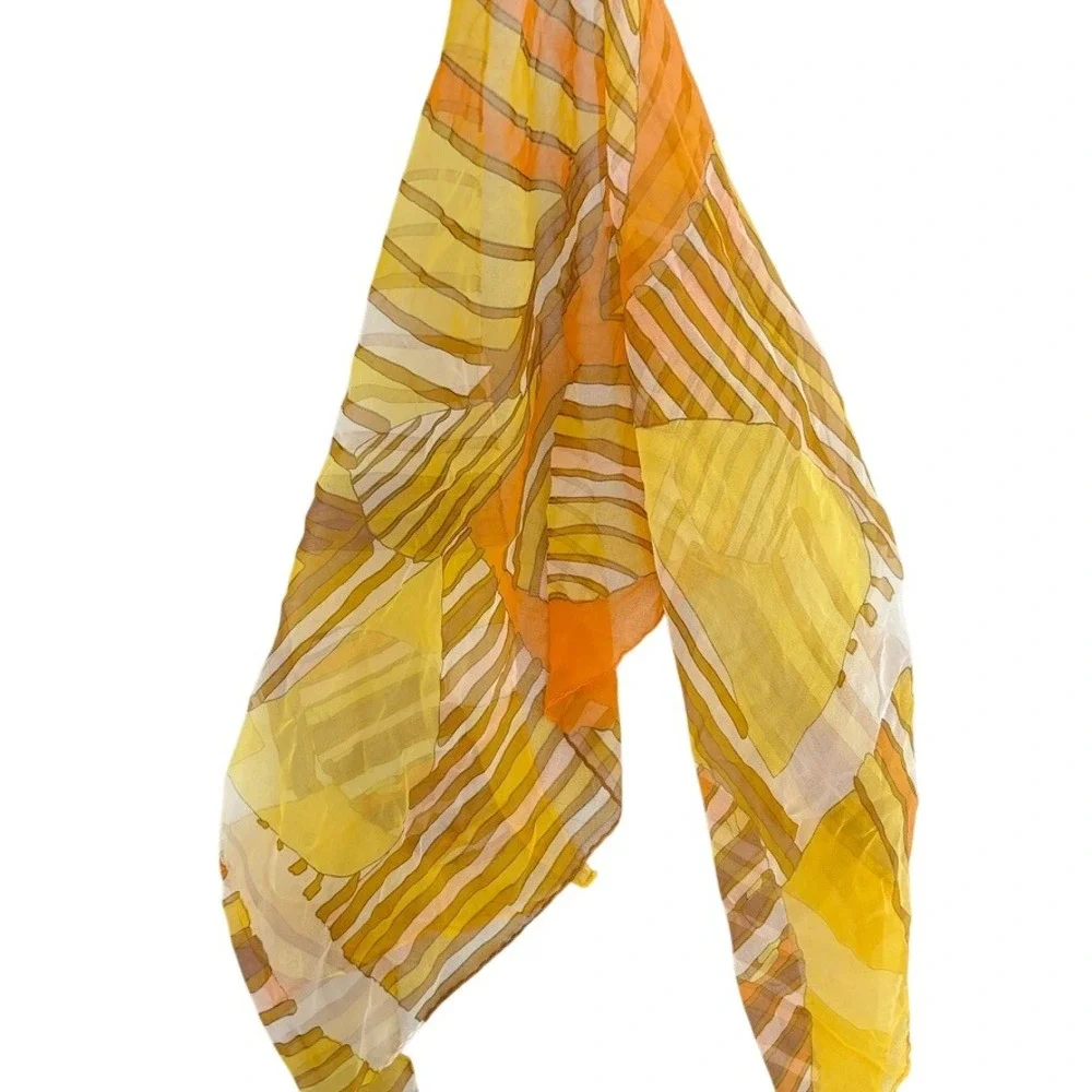 Vintage‎ 60s 70s Retro Abstract Stripe Silk Scarf Orange Yellow Silk Headscarf